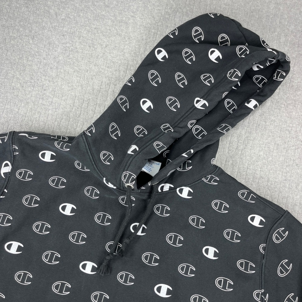 Champion‎ Reverse Weave Hoodie Mens Large Black All Over Script Logo Pullover